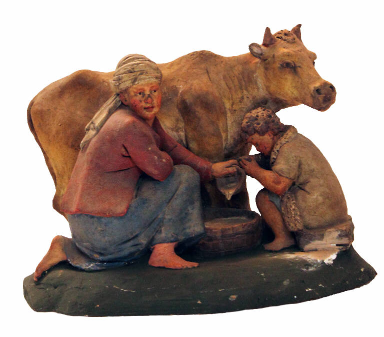 Donna che munge con bambino (statua da presepio) di Garaventa Giovanni Battista (attribuito) (seconda metà sec. XVIII)
