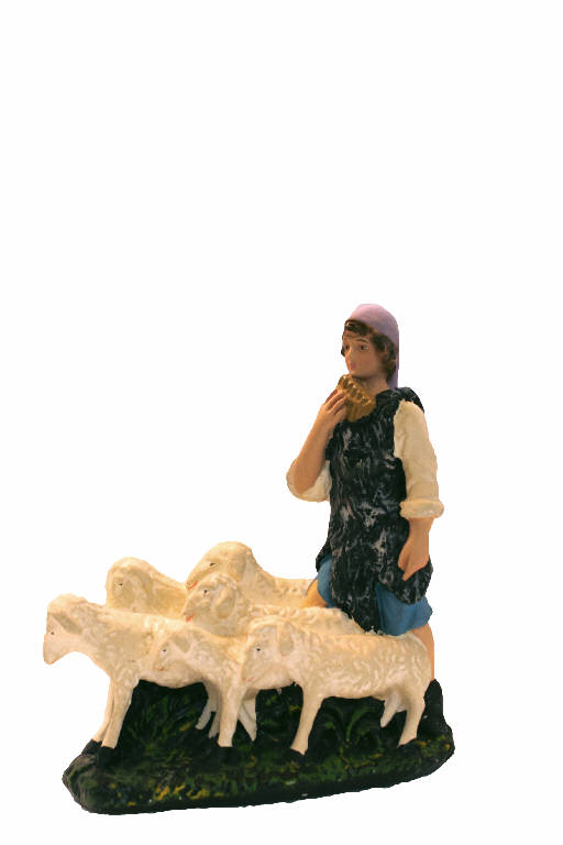 Pastore con flauto di Pan e pecore (statua da presepio) - ambito bergamasco (prima metà sec. XX)
