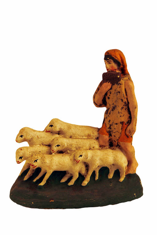 Pastore con flauto di Pan e pecore (statua da presepio) - ambito bergamasco (metà sec. XX)
