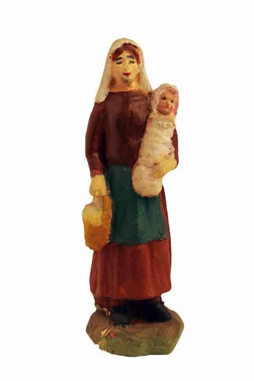 Donna con neonato e cesto (statua da presepio) - ambito bergamasco (metà sec. XX)