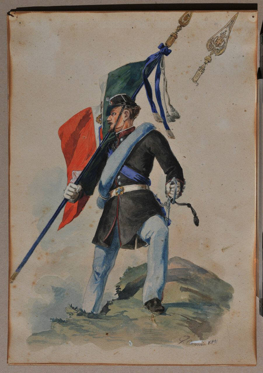 Soldato con tricolore, Figurini militari (dipinto) di Cenni Quinto (sec. XIX)