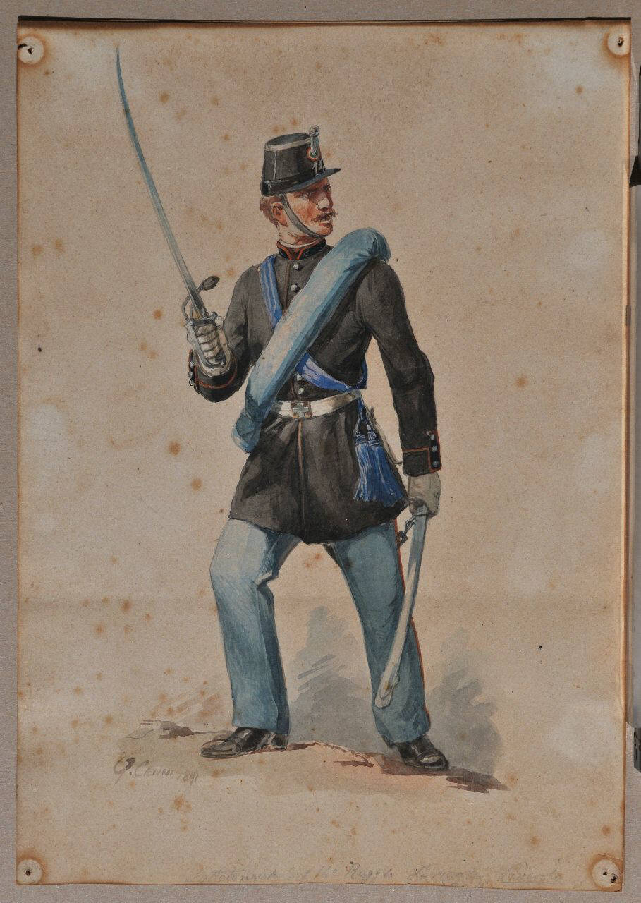 Sottotenente del 14° Regg.to Brigata Pinerolo, Figurini militari (dipinto) di Cenni Quinto (sec. XIX)