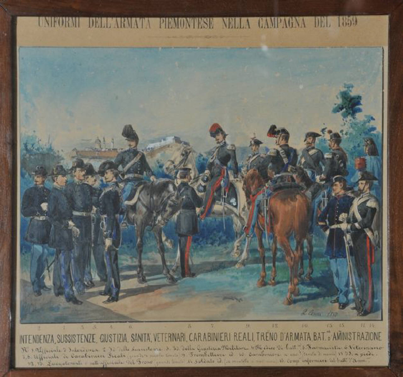 Uniformi dell'Armata Piemontese nella campagna del 1859 - INTENDENZA, SUSSISTENZE, GIUSTIZIA, SANITA', VETERINARIA, CARABINIERI REALI, TRENO D'ARMATA, BATT.NE D'AMMINISTRAZIONE, Soldati Seconda Guerra d'Indipendenza (dipinto) di Cenni Quinto (sec. XIX)