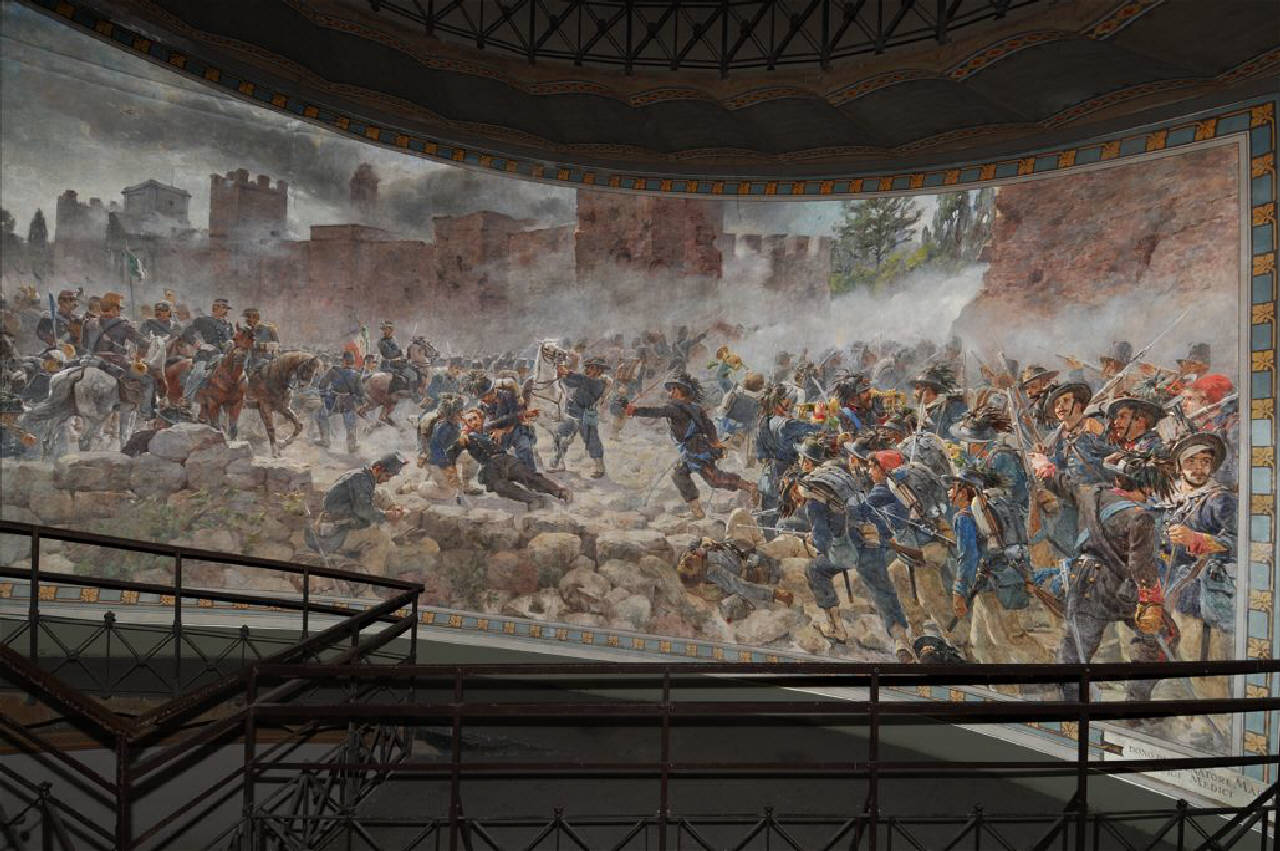 Morte del Maggiore Giacomo Pagliari presso la Porta Pia, Risorgimento - Campagna per la presa di Roma - 1870 (dipinto) di Pontremoli Raffaele (sec. XIX)