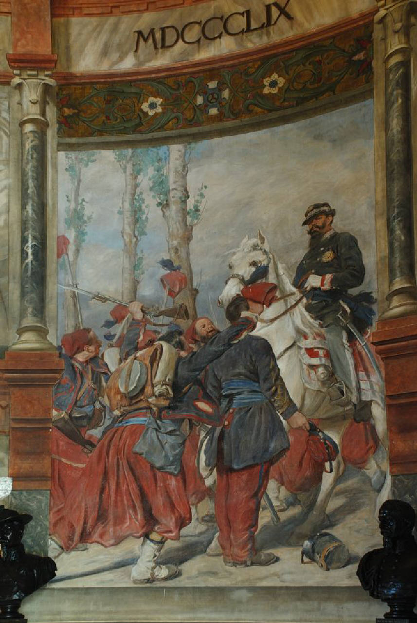 Vittorio Emanuele al ponte di Palestro, Risorgimento - Celebrazione di Vittorio Emanuele II (dipinto) di Bressanin Vittorio Emanuele (sec. XIX)