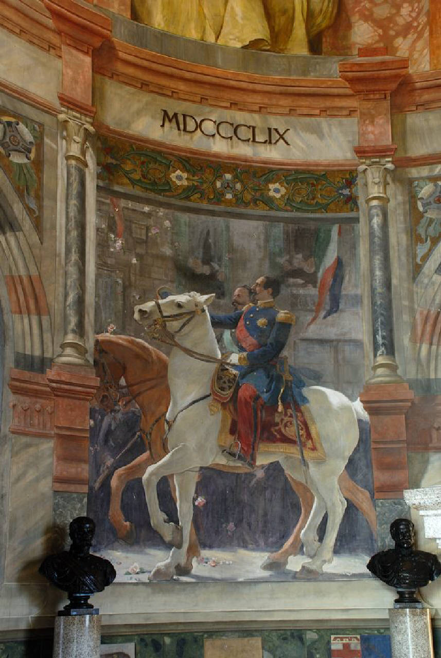 L'entrata a Milano di Vittorio Emanuele II e Napoleone III dopo la vittoria di Magenta, Risorgimento - Celebrazione di Vittorio Emanuele II (dipinto) di Bressanin Vittorio Emanuele (sec. XIX)
