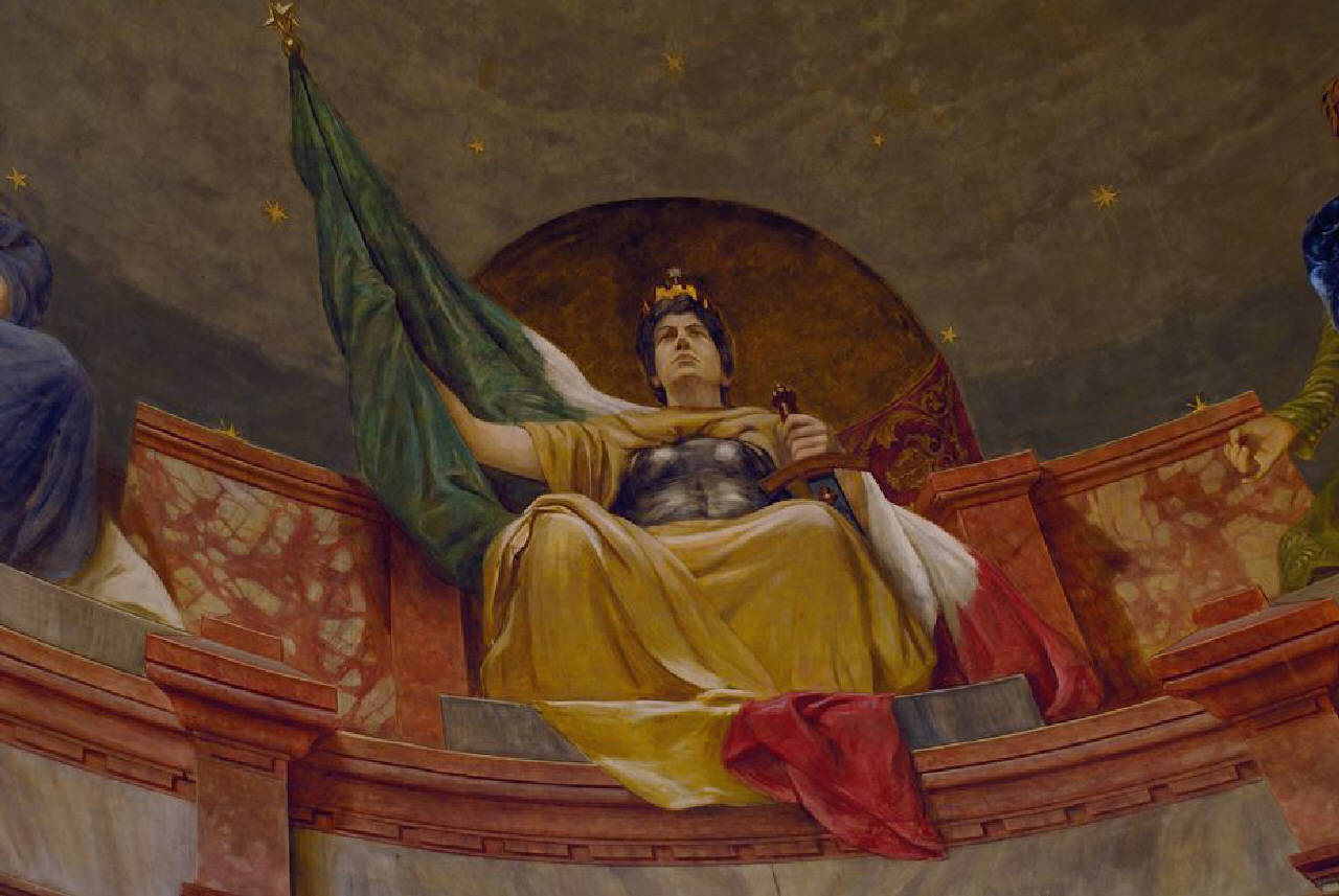 Allegoria dell'Italia e di sette città Italiane, figure allegoriche femminili (dipinto) di Bressanin Vittorio Emanuele (sec. XIX)