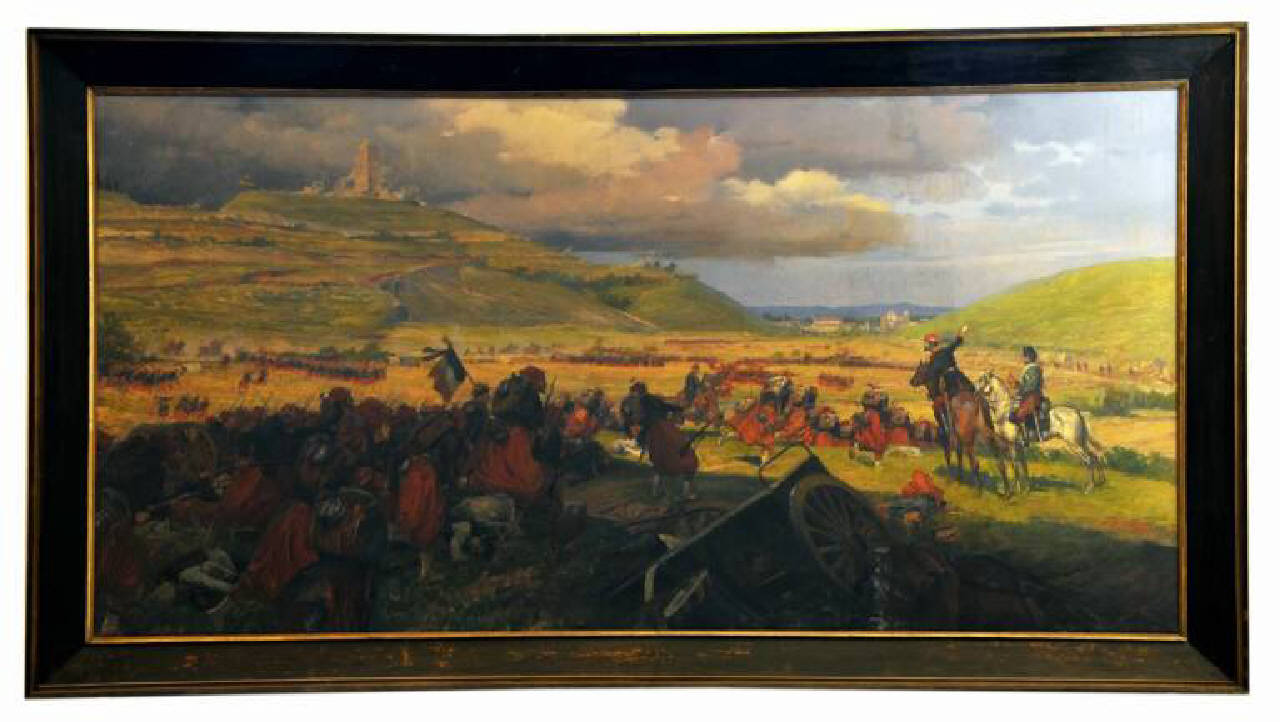 Battaglia di Solferino 24 giugno 1859: gli zuavi all'attacco del colle, Episodio della battaglia di Solferino (dipinto) di Malerba Emilio; Salvadori Tommaso (primo quarto sec. XX)