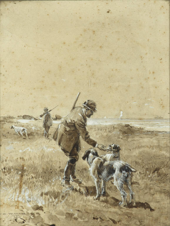 Scena di caccia/ quaglie da mare (dipinto) di Vaccari, Alfredo (primo quarto sec. XX)