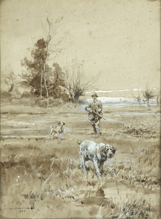 Scena di caccia/ preda d'occasione (dipinto) di Vaccari, Alfredo (primo quarto sec. XX)