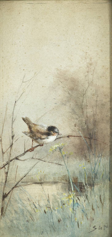 Paesaggio lacustre con uccello (dipinto) - ambito francese (prima metà sec. XX)