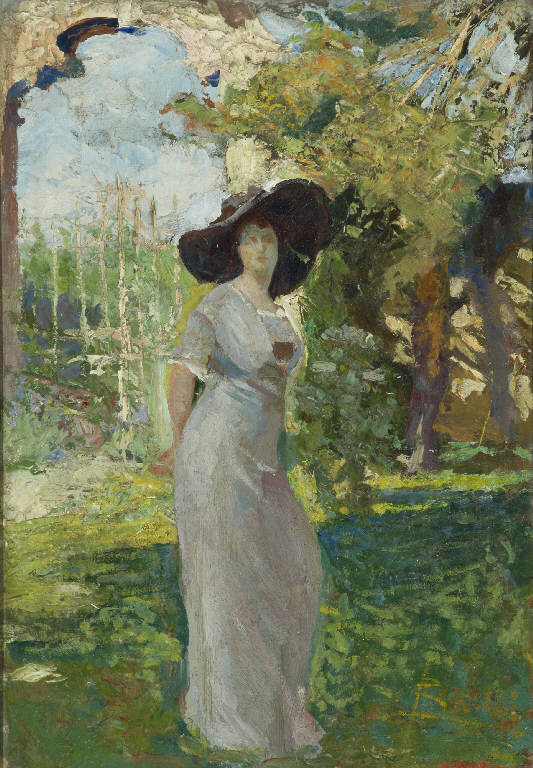 Ritratto di signora entro giardino (dipinto) - ambito lombardo (prima metà sec. XX)