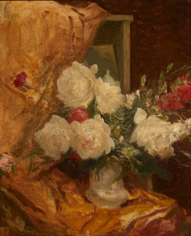 vaso di fiori su sedia (dipinto) di Pariani, M. (attribuito) (sec. XX)