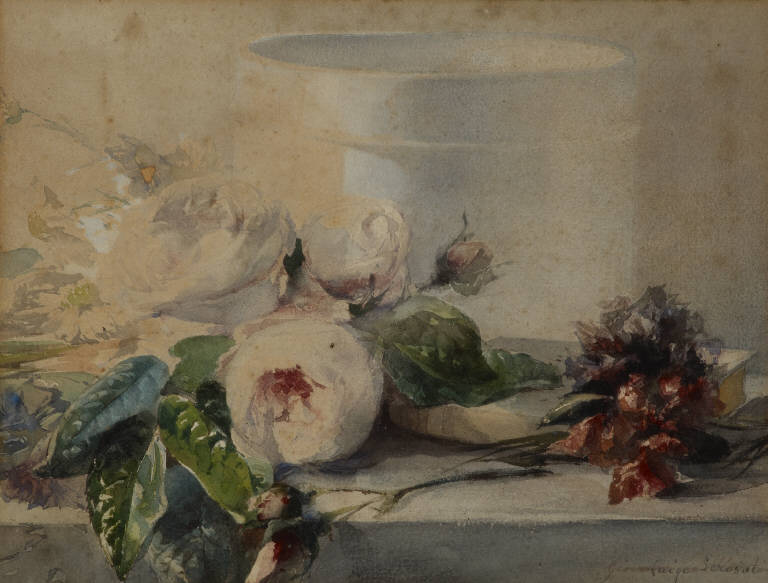 natura morta con fiori, libro e vaso (dipinto) di Scrosati, Luigi (attribuito) (metà sec. XIX)