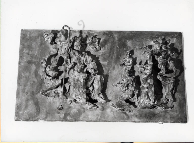 Antonio da Saluzzo riceve le offerte (scultura) di Fontana, Lucio (metà sec. XX)