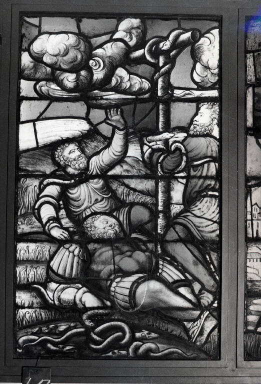 Il serpente di bronzo, Miracolo del bastone trasformato in serpente (vetrata) di Maestro fiammingo (attribuito) (inizio sec. XVI)