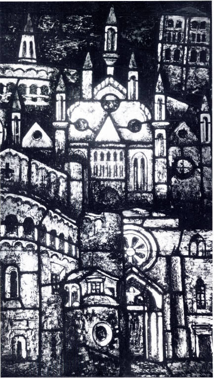 Le chiese di Milano, Chiesa militante e trionfante (vetrata) di Ravanelli, Giuseppe (attribuito) (seconda metà sec. XX)