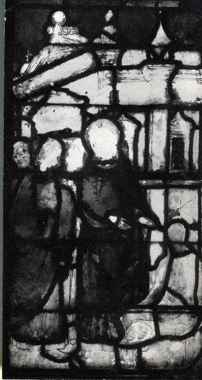 San Giovanni evangelista resuscita un morto (vetrata) - manifattura lombarda||ambito leonardesco (seconda metà sec. XV)