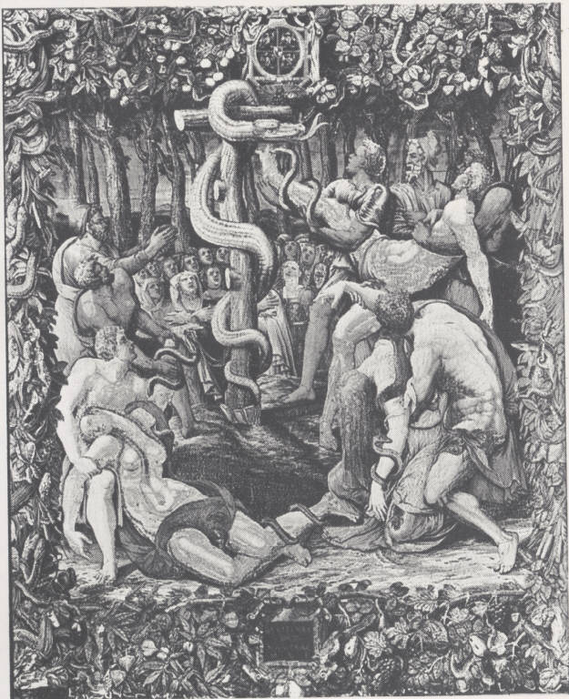 Mosè e il serpente di bronzo, Mosè e il serpente di bronzo (arazzo) di Karcher, Nicolas - manifattura lombarda||ambito leonardesco (prima metà sec. XVI)