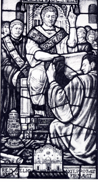 Costiantino Magno promulga l'editto di Milano, Gloria (vetrata) di Zuccaro, Guido (attribuito) (seconda metà sec. XX)