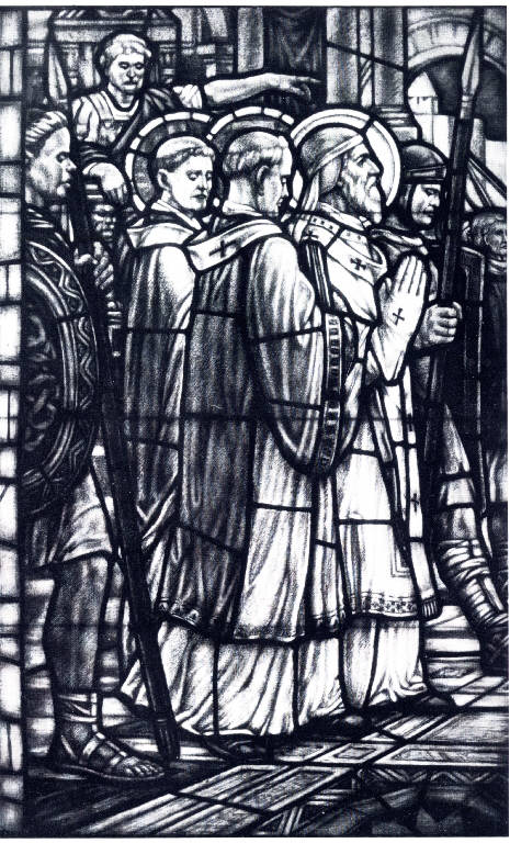 I santi Liberio, Dioniso ed Eusebio, vengono cacciati daglia Ariani, Gloria (vetrata) di Zuccaro, Guido (attribuito) (seconda metà sec. XX)