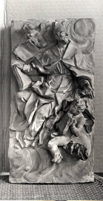 Santo vescovo trasportato da un angelo (scultura) - ambito lombardo (prima metà sec. XVIII)