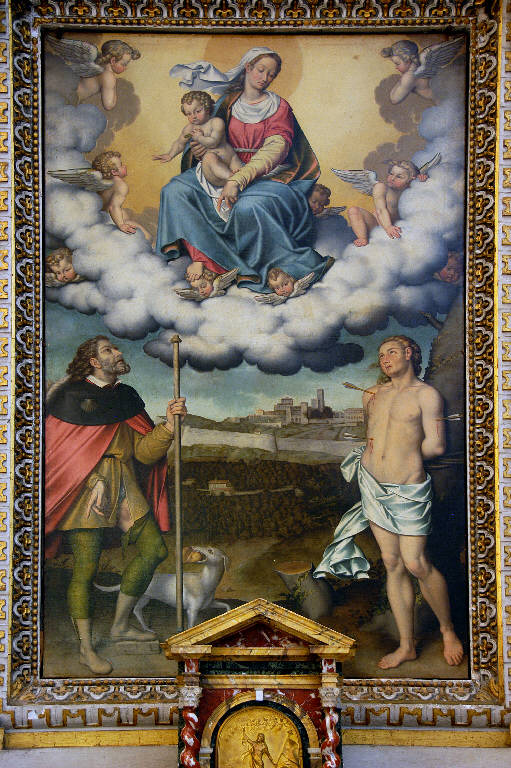 Madonna con Bambino in gloria e i Santi Rocco e Sebastiano (dipinto) di Lolmo, Giovan Paolo (sec. XVI)