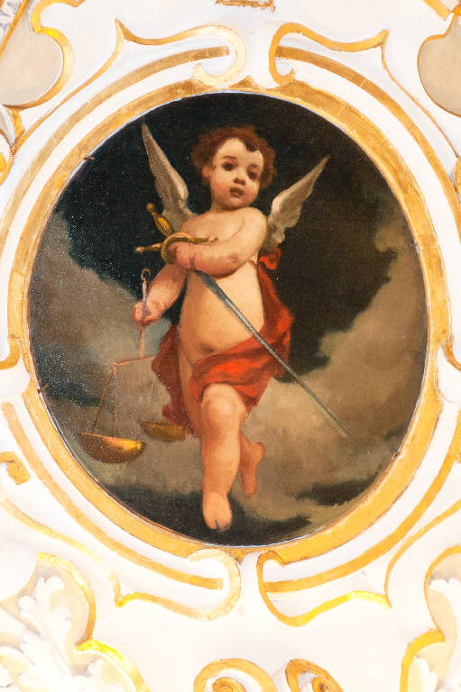 Angioletto con bilancia e spada (dipinto) di Maironi, Angelo (sec. XX)