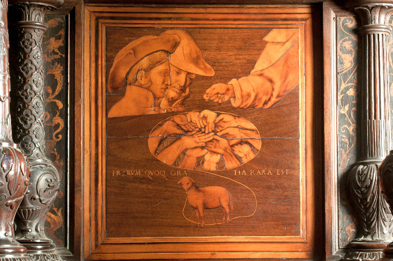 Allegoria della vendita di Giuseppe da parte dei fratelli (decorazione a intarsio) di Capoferri, Giovan Francesco; Lotto, Lorenzo; Lotto, Lorenzo (sec. XVI)