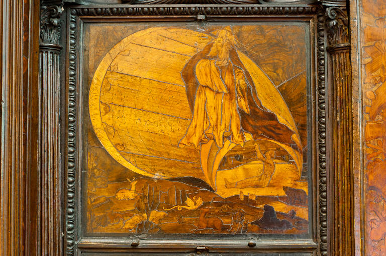 Creazione dell'Universo e di Adamo (decorazione a intarsio) di Capoferri, Giovan Francesco; Lotto, Lorenzo; Lotto, Lorenzo (sec. XVI)