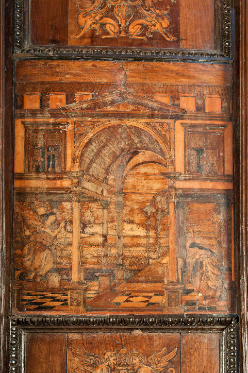 Annunciazione (decorazione a intarsio) di Capoferri, Giovan Francesco; Lotto, Lorenzo; Lotto, Lorenzo (sec. XVI)