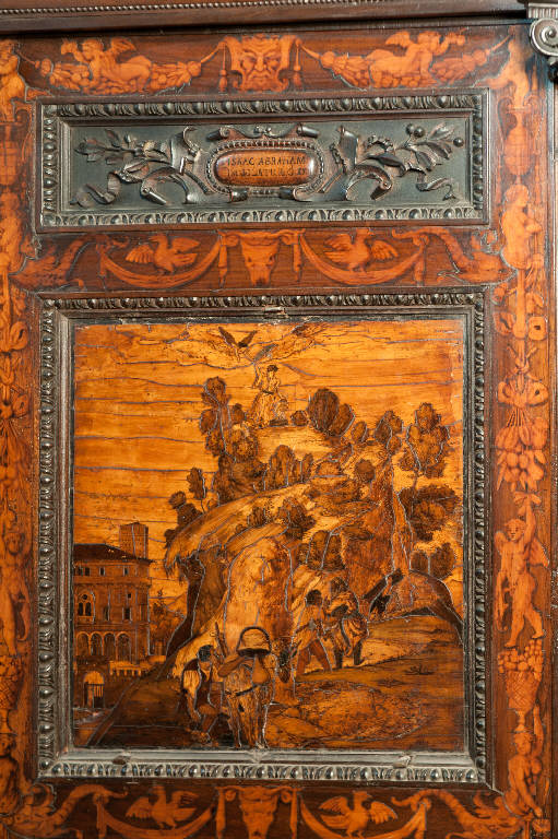 Sacrificio di Isacco (decorazione a intarsio) di Lotto, Lorenzo; Lotto, Lorenzo; Scarati, Bernardino; Previtali, Andrea (sec. XVI)