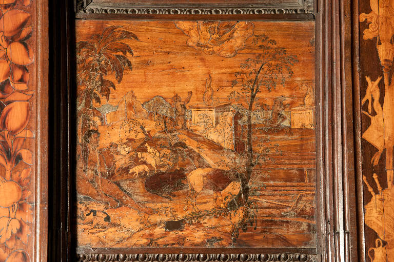 Sacrificio di Caino e Abele (decorazione a intarsio) di Rosso, Francesco; Rosso, Francesco; Capoferri, Giovan Francesco; Cabrini, Nicolò (sec. XVI)