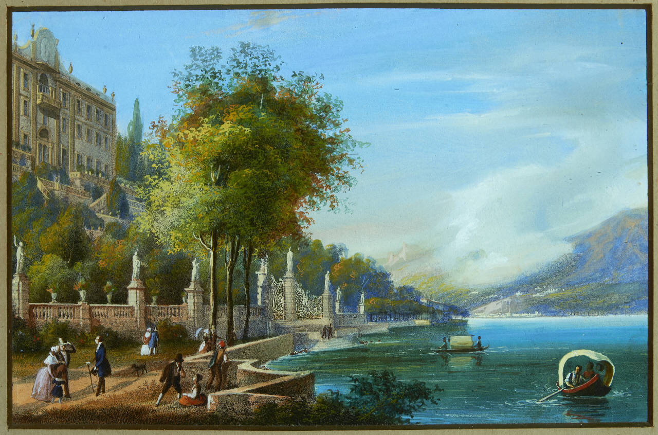 Ricevimento nel parco di Villa Sommariva, veduta di Villa Sommariva (Villa Carlotta) (dipinto) di Sanquirico, Alessandro (metà sec. XIX)