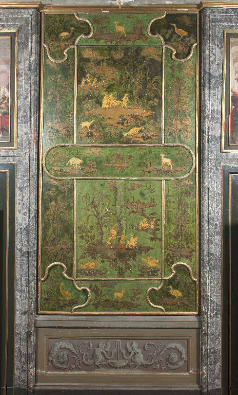paesaggio con architetture e figure, animali (pannello di boiserie) - ambito lombardo (sec. XVIII)