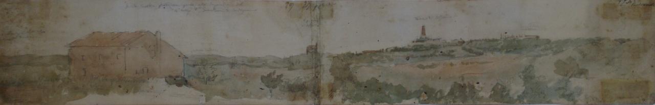 Veduta del campo di battaglia di Solferino, Le campagne di Solferino: una cascina e la "Spia d'Italia" sullo sfondo (disegno) di Pontremoli Raffaello (seconda metà sec. XIX)