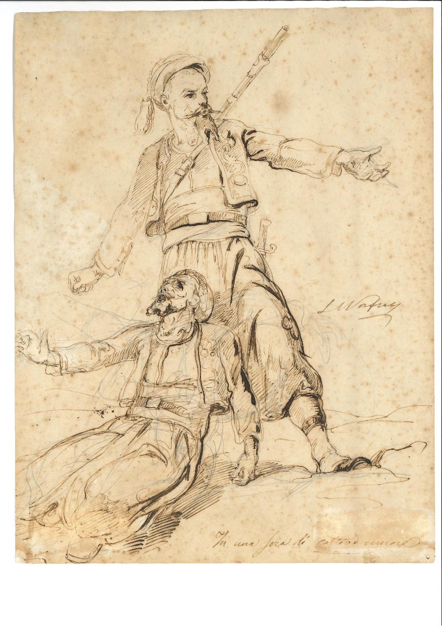 Figura di zuavo, Un soldato zuavo a braccia aperte a cui si appoggia un altro zuavo ferito (disegno) di Norfini Luigi (seconda metà sec. XIX)