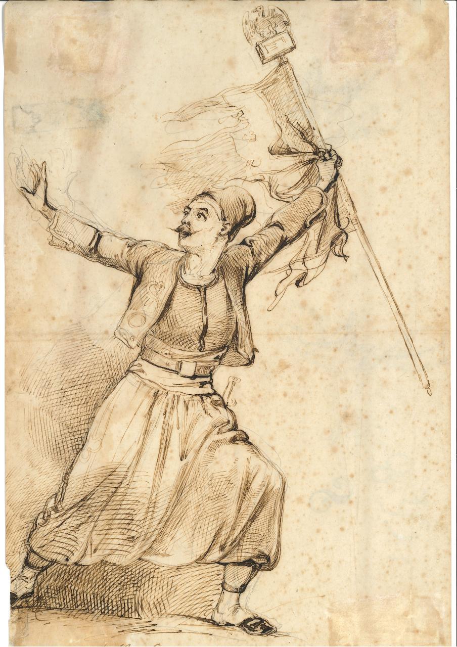 Figura di zuavo, Un soldato zuavo gaudiente e a braccia aperte regge un vessillo (disegno) di Norfini Luigi (seconda metà sec. XIX)