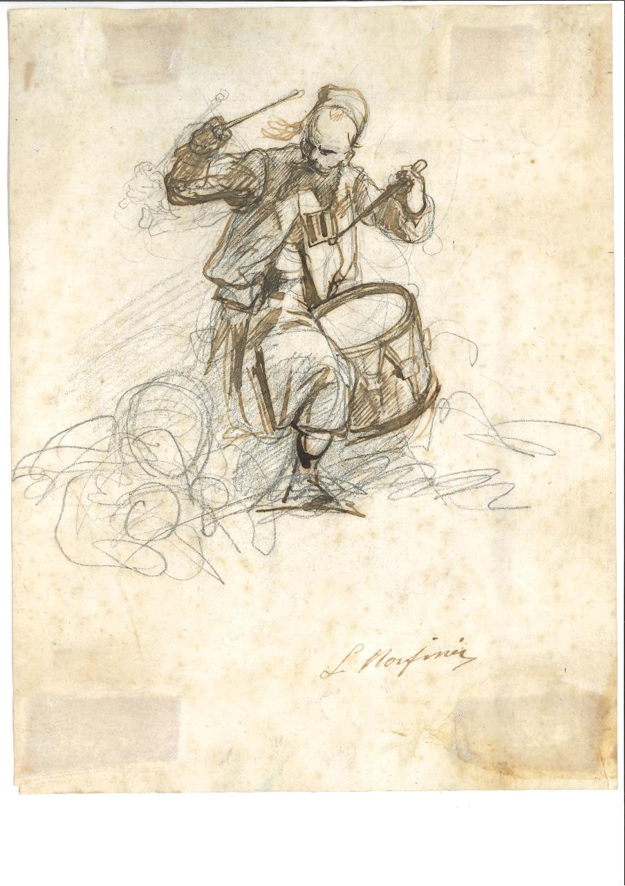 Figura di zuavo, Un soldato zuavo suona un tamburo da guerra (disegno) di Norfini Luigi (seconda metà sec. XIX)