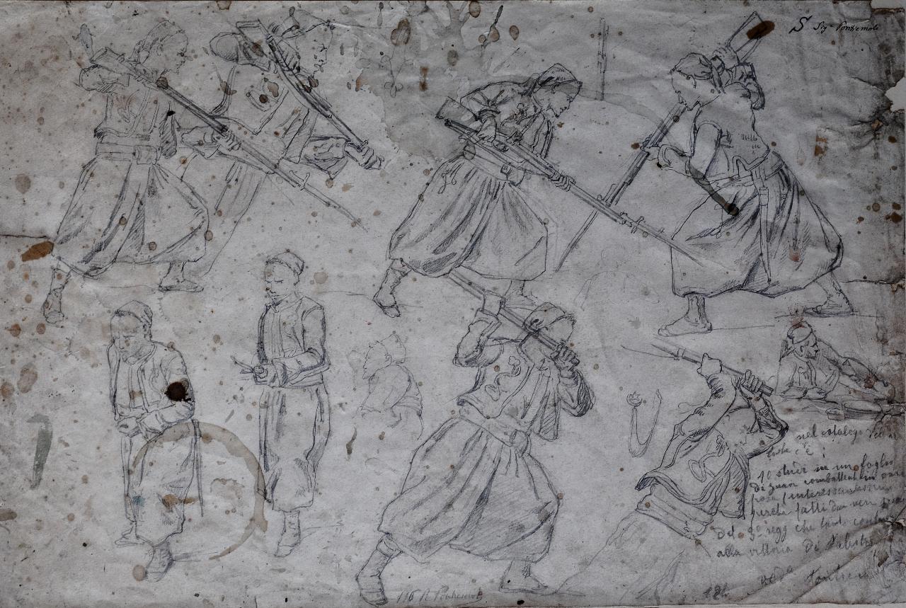 Zuavi sul campo di battaglia, Ritratti di soldati zuavi nella foga del combattimento (disegno) di Pontremoli Raffaello (seconda metà sec. XIX)