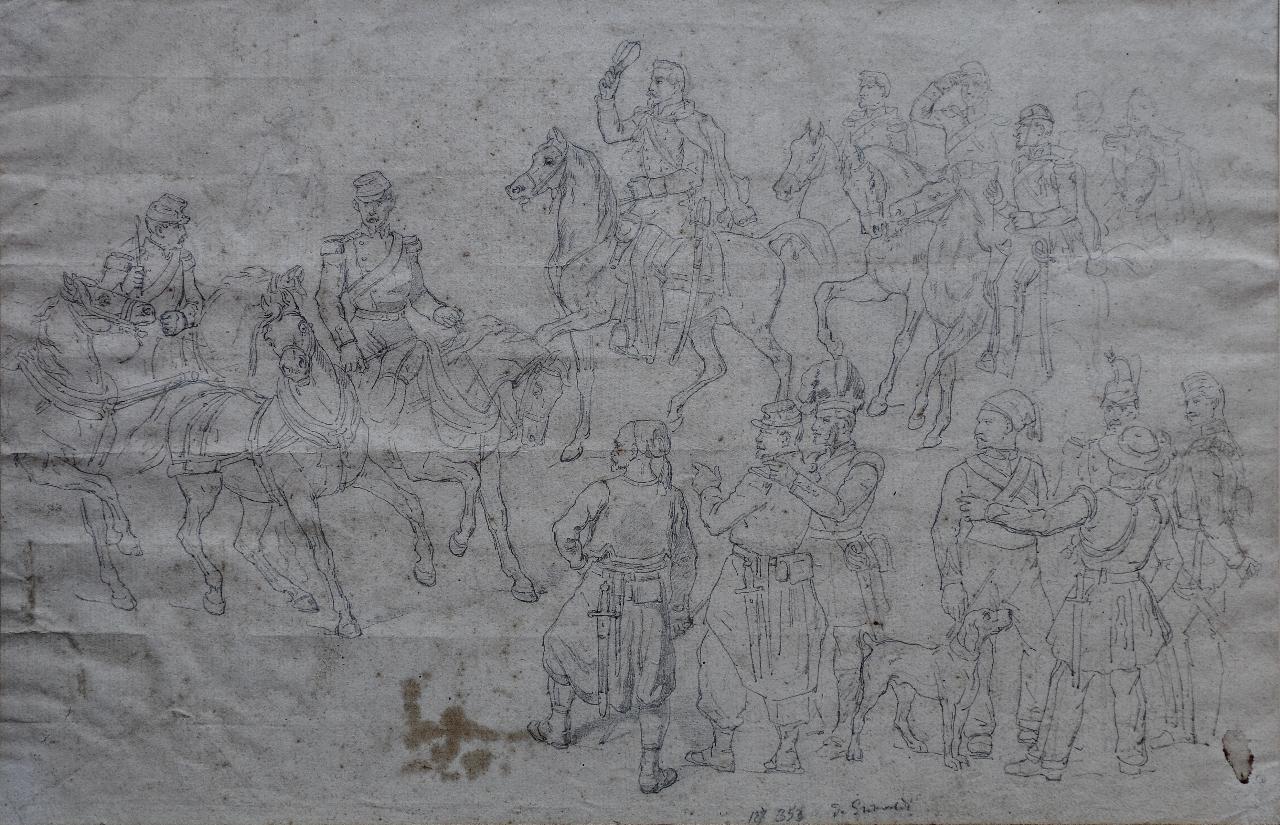Zuavi sul campo di battaglia, Un gruppo di soldati zuavi assieme ai comandanti francesi a cavallo (disegno) di Pontremoli Raffaello (seconda metà sec. XIX)