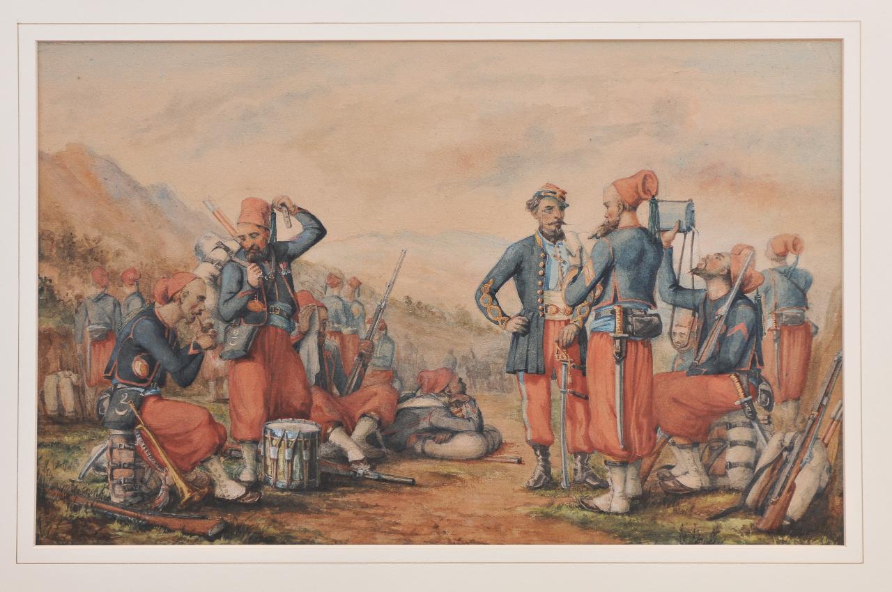 Accampamento di zuavi, Un gruppo di soldati zuavi in riposo (disegno) - ambito italiano (seconda metà sec. XIX)