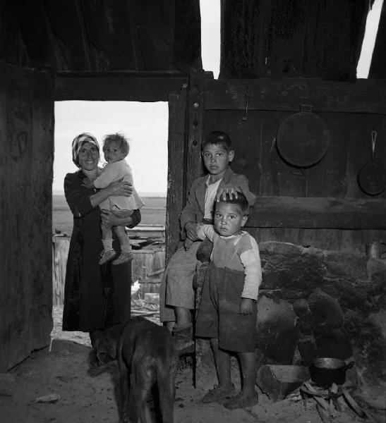 Italia del Sud. Calabria - interno di una baracca - ritratto di gruppo - madre, figli e cane