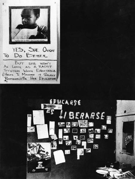 New York - Spanish Harlem - sede di un "comitato di quartiere" portoricano - manifesto pubblicitario della compagnia di assicurazioni Equitable - iscrizione e collage che ne contestano i contenuti