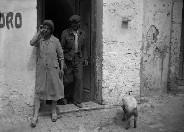 Italia del Sud. Bernalda - coppia sulla soglia - maiale