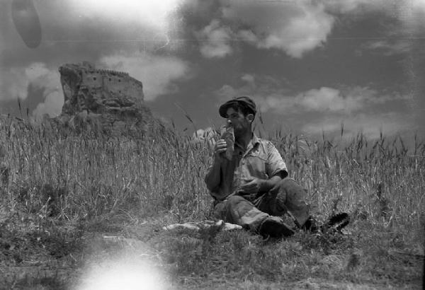 Italia del Sud. Sicilia - ritratto maschile - uomo tra spighe di grano - fortezza