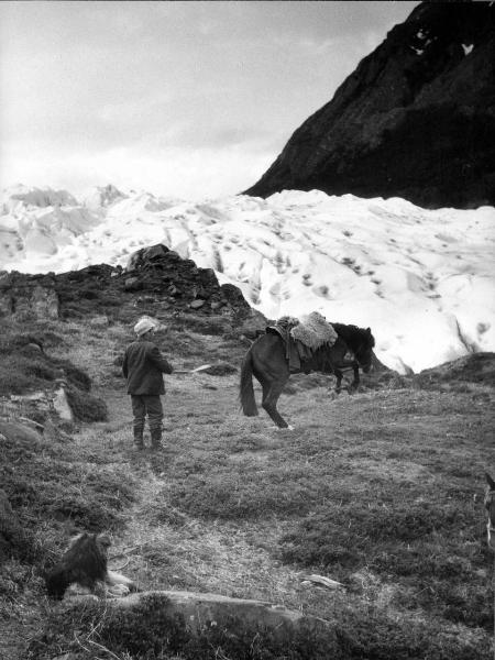 Patagonia cilena - Provincia di Ultima Esperanza - Ande patagoniche - Massiccio del Paine - Paine principale - Ragazzo - Brigando, Mario - Cavallo - Cane - Ghiacciaio