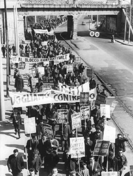 Sciopero dei lavoratori della Breda per il contratto - Corteo dall'alto - Striscioni - Cartelli di sciopero Fiom e Fim Cisl