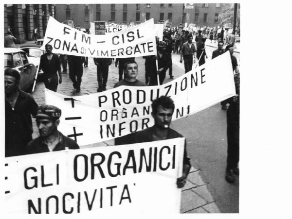 Sciopero dei lavoratori della Falck - Corteo in piazza Fontana - Operai con tute da lavoro - Striscioni - Cartelli di sciopero Fiom Cgil, Fim Cisl