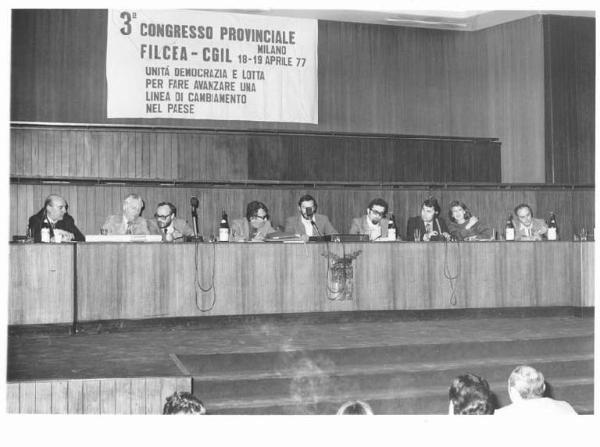 Sala dei Congressi della Provincia - Interno - Terzo congresso provinciale Filcea Cgil (chimici) - Palco - Tavolo della presidenza con, tra gli altri, Aldo Bonaccini, Brunello Cipriani, Claudio Bonfanti, Walter Braun - Parola d'ordine